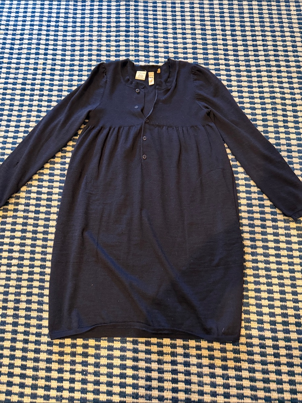 KA7 Navy Long Sleeve Knit Button-Up Dress 100% Marino Wool lightweight M